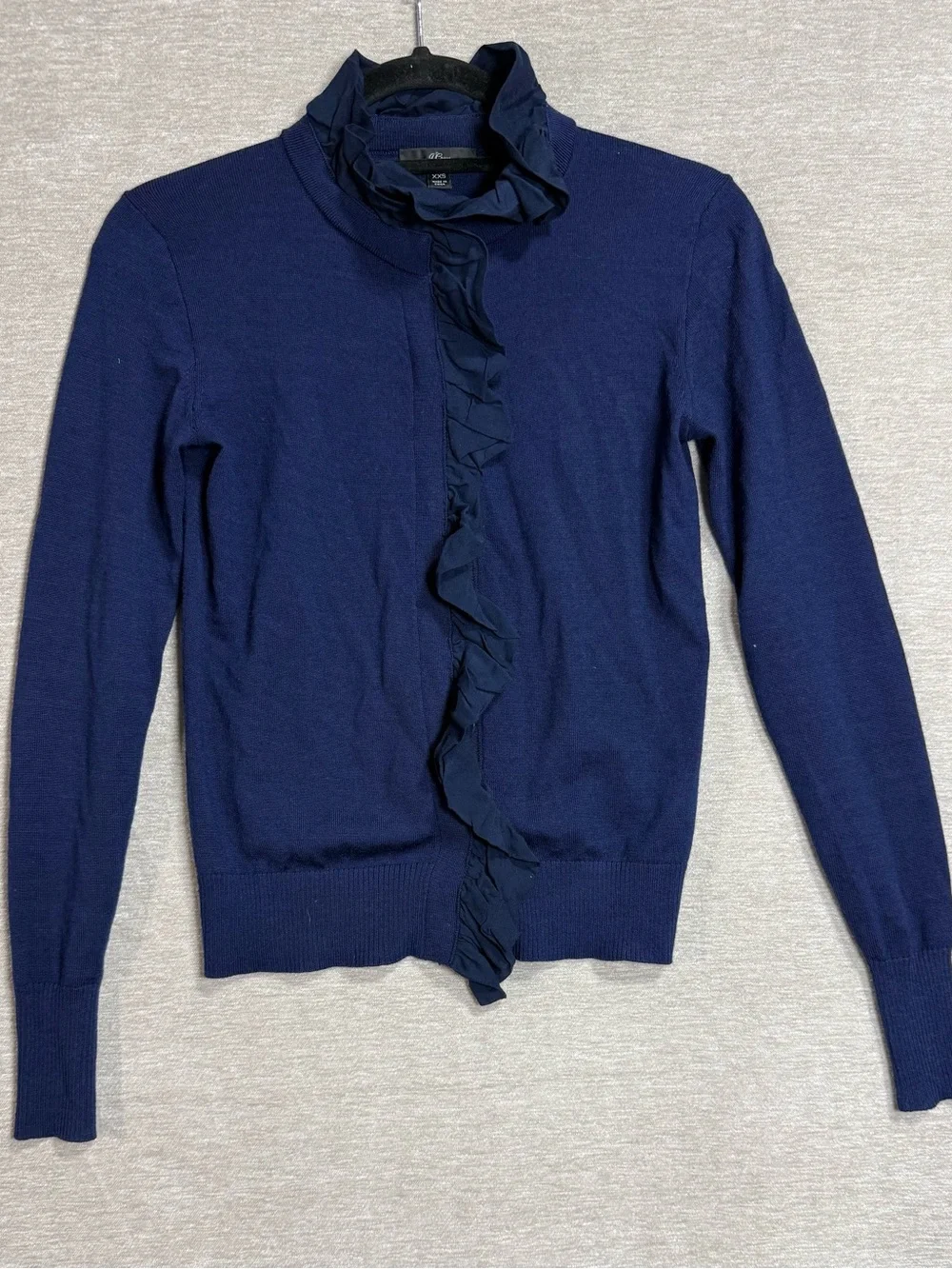 J.Crew 100% Merino Wool Ruffle Cardigan Sweater Navy Blue XXS